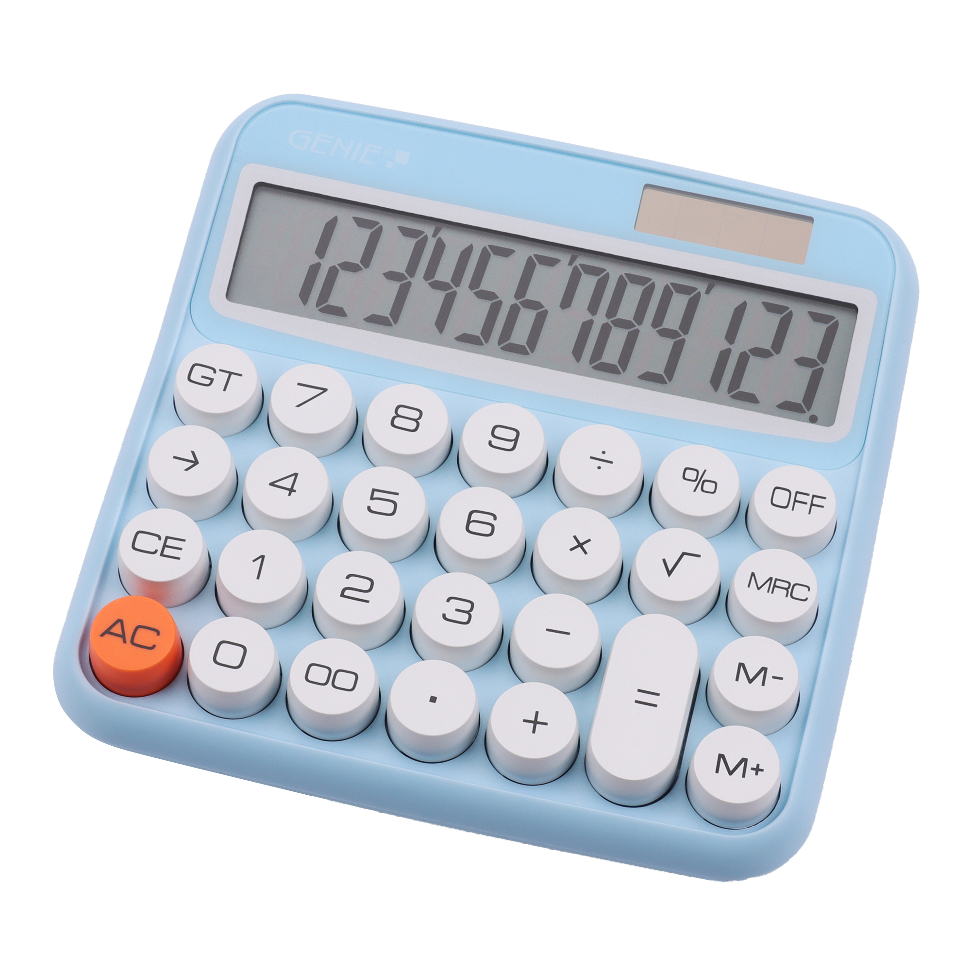 12-digit desktop calculator with dual power (solar and battery), blue