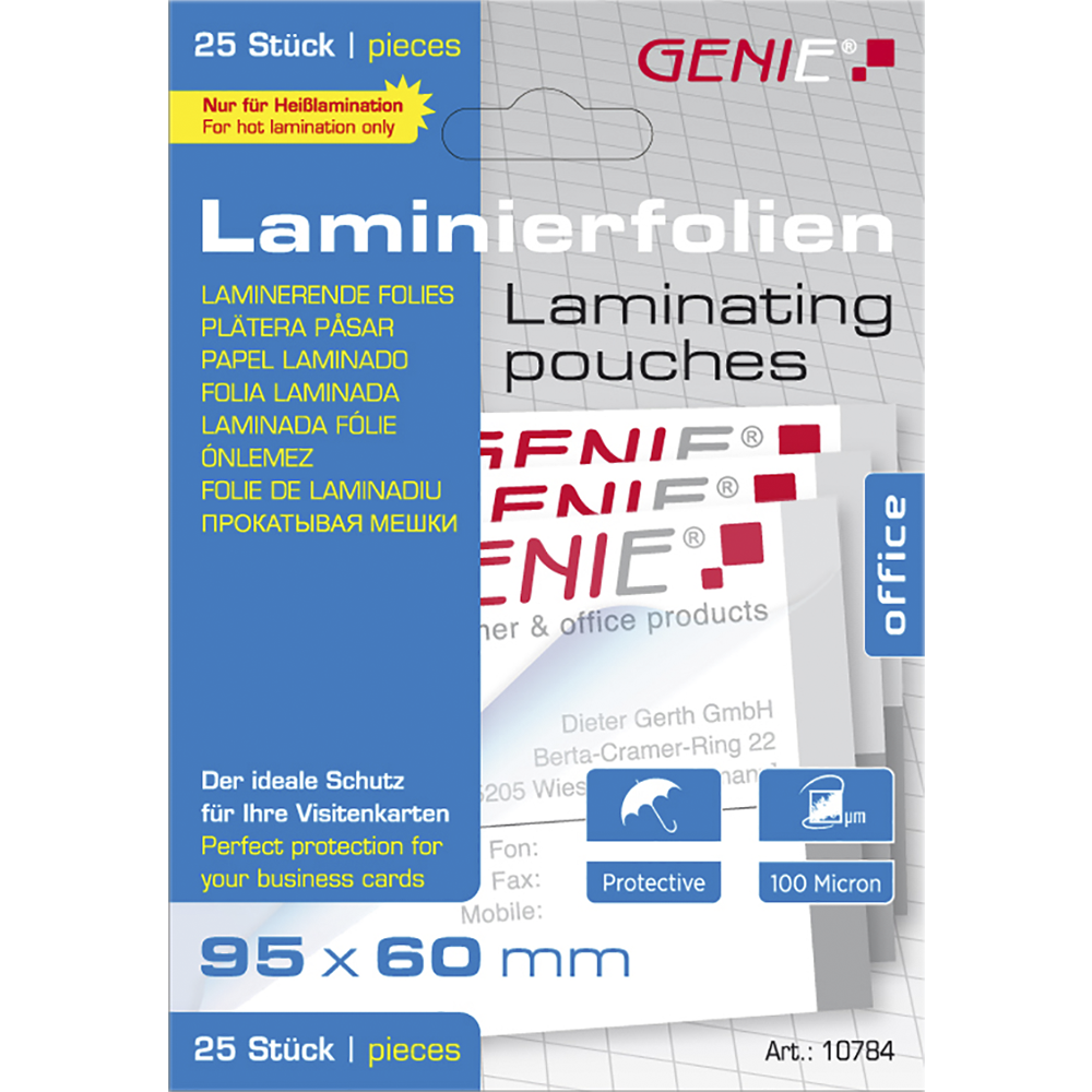 Laminierfolien (100 Mikron im Visitenkartenformat 95 x 60 mm) 25er Pack