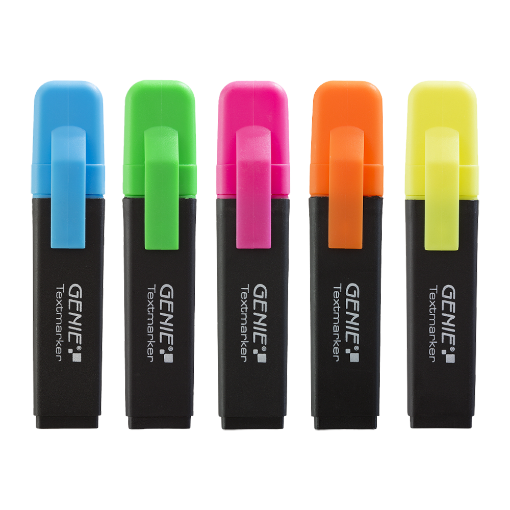 Textmarker je 1x neon gelb, orange, pink, blau, grn, mit Keilspitze
5er Pack Strichbreite ca. 1-5 mm, einzeln Entnehmbar