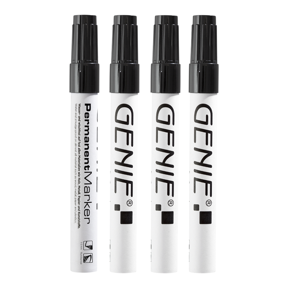 Permanent Marker, schwarz
4er Pack mit 1-3 mm Rundspitze und Metallschaft