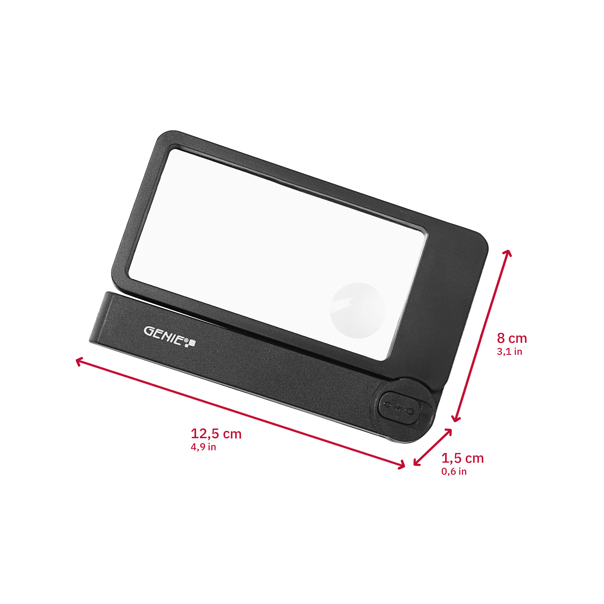 Rechteckige Lupe mit LED-Beleuchtung und klappbaren Griff