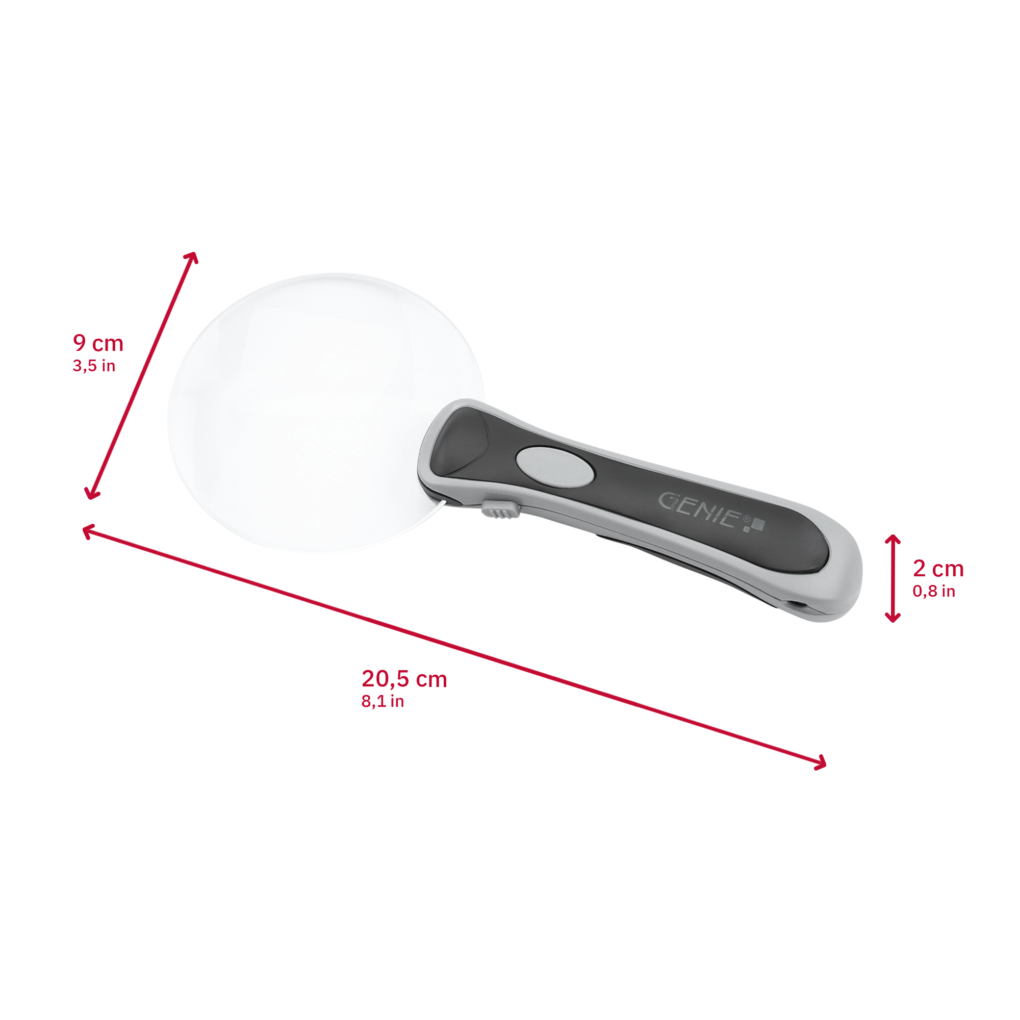 Leselupe mit integrierter LED-Beleuchtung und rahmenloser Linse.